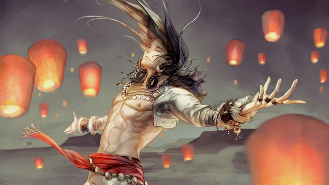 Обои картинки фото аниме, unknown,  другое, мужчина, арт, горы, фонарики, пустыня, платок, украшения