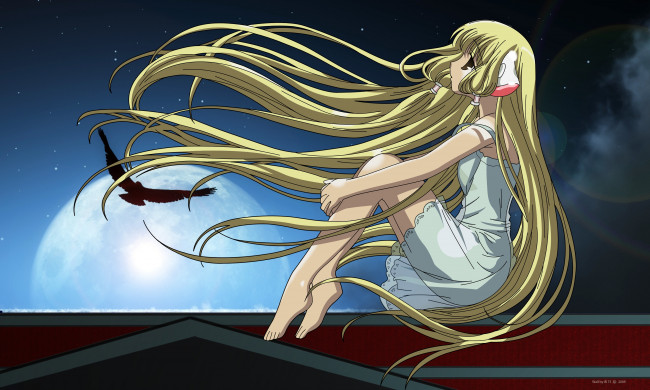Обои картинки фото аниме, chobits, луна, ночь, платье, крыша, небо, ушки, девушка, звезды, chii, полнолуние, птица