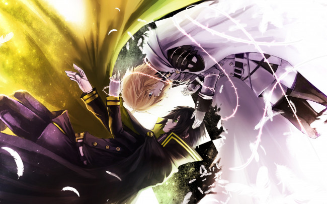 Обои картинки фото owari no seraph, аниме, hyakuya, mikaela, yuuichirou, семья, братья, брюнет, человек, блондин, вампир, парни, арт