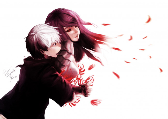 Обои картинки фото аниме, tokyo ghoul, канеки, кен, девушка, парень, фон, цветы, токийский, гуль