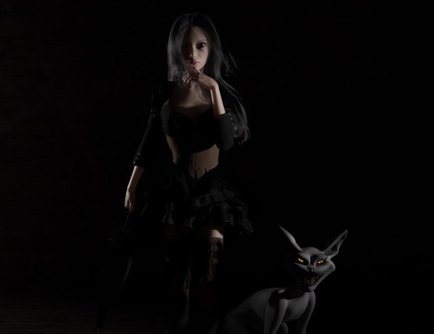 Обои картинки фото 3д графика, фантазия , fantasy, девушка, существо, фон, взгляд