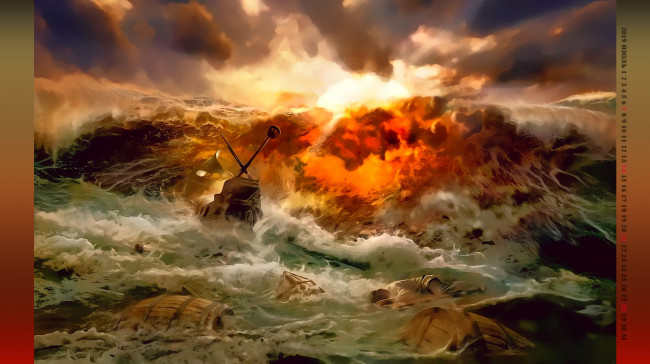 Обои картинки фото календари, фэнтези, 2019, calendar, обломки, кораблекрушение, человек, бочка, водоем