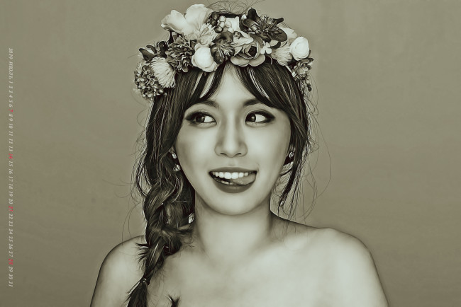 Обои картинки фото календари, компьютерный дизайн, 2019, женщина, calendar, цветы, девушка, венок, лицо