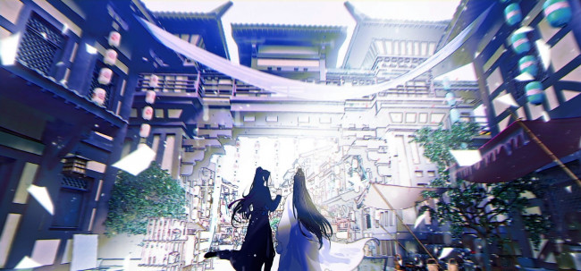 Обои картинки фото аниме, mo dao zu shi, вэй, усянь, лань, ванцзы, улица, город