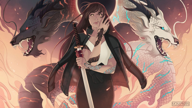 Обои картинки фото фэнтези, красавицы и чудовища, девушка, меч, драконы