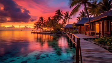 Картинка разное компьютерный+дизайн закат море тропики бунгало пальмы