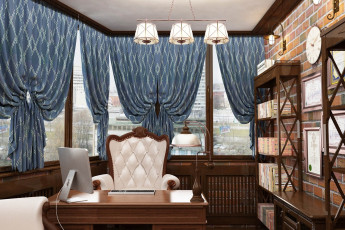 обоя интерьер, кабинет, библиотека, офис, книги, компьютер, шторы, кресло, часы