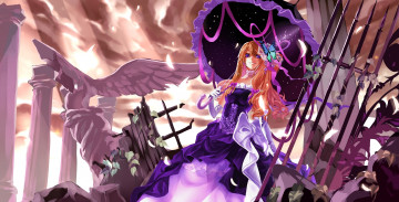 Картинка аниме touhou karlwolf yakumo yukari платье зонт бабочка колонны руины статуя