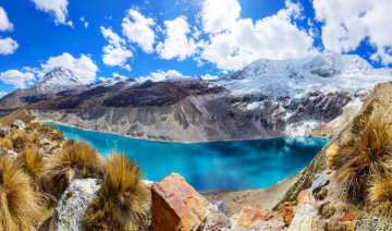 Картинка природа реки озера панорама облака снег река трава камни горы