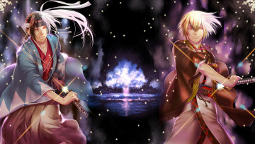 Картинка аниме hakuoki chigake kazama hijikata toshizou синсэнгуми демоны сакуры ночь дерево мечи hakuouki shinsengumi kitan демон мужчины