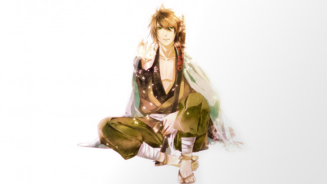 Обои картинки фото аниме, hakuoki, свет, лепестки, сакура, улыбка, демоны, бледной, сакуры, okita, souji, меч, shinsengumi, kitan, hakuouki, мужчина, катана, самурай