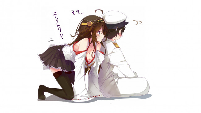 Обои картинки фото аниме, kantai collection, белый, фон, арт, девушка, парень
