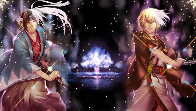 Обои картинки фото аниме, hakuoki, chigake, kazama, hijikata, toshizou, синсэнгуми, демоны, сакуры, ночь, дерево, мечи, hakuouki, shinsengumi, kitan, демон, мужчины