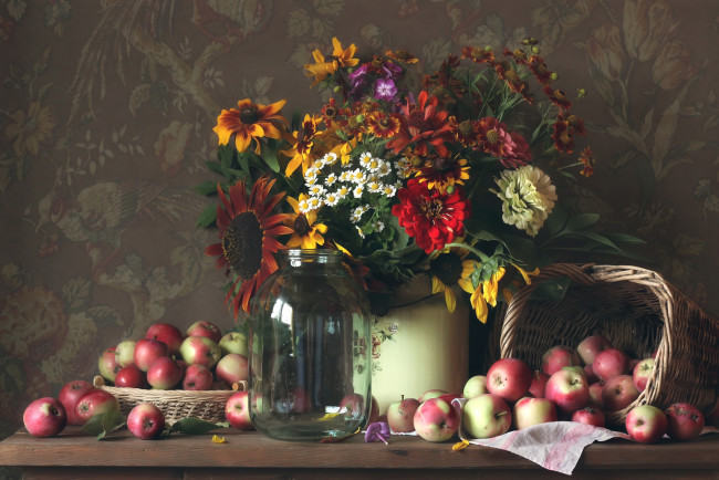 Обои картинки фото еда, Яблоки, плоды, букет, банка