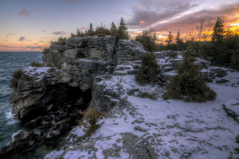 Картинка природа побережье деревья скалы снег море