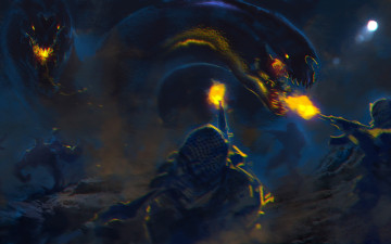 Картинка фэнтези существа ночь засада наемники люди пустыня монстры