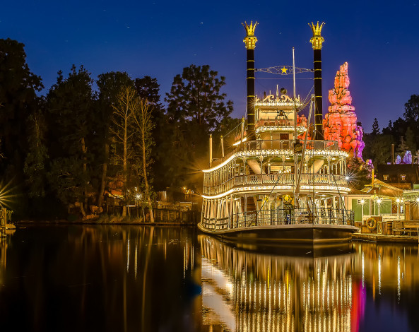 Обои картинки фото корабли, пароходы, ночь, пароход, река