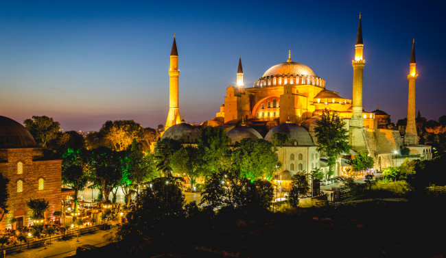 Обои картинки фото hagia sophia, города, - мечети,  медресе, огни, мечеть, ночь