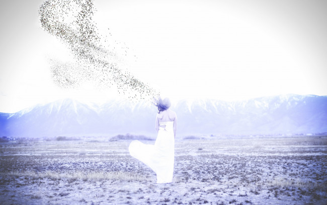 Обои картинки фото девушки, -unsort , креатив, девушка, платье, горы, свет, поле, рой