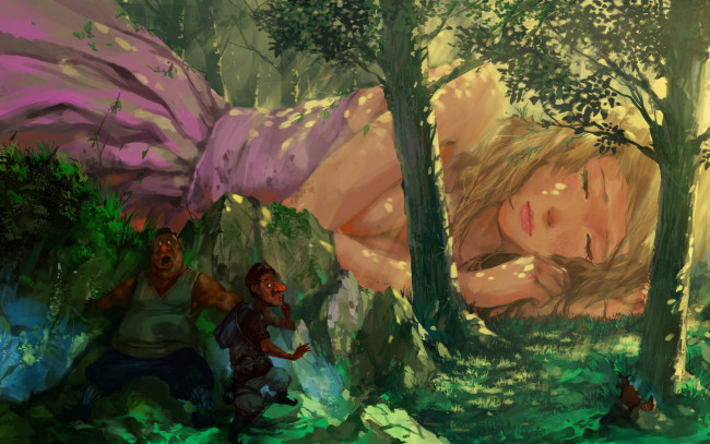 Обои картинки фото фэнтези, красавицы и чудовища, девушка, блондинка, красота, деревья, сказка, лес, сон, спит