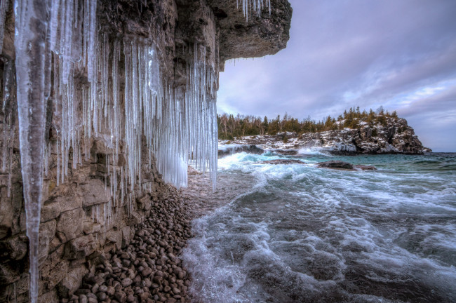 Обои картинки фото природа, побережье, сосульки, лес, скалы