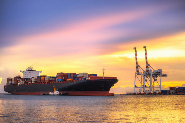 Обои картинки фото корабли, разные вместе, буксиир, контейнеровоз, порт, гавань