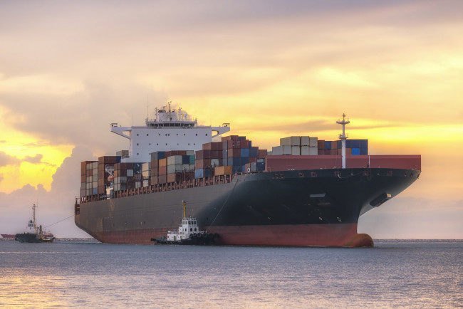 Обои картинки фото корабли, разные вместе, контейнеровоз, буксиры