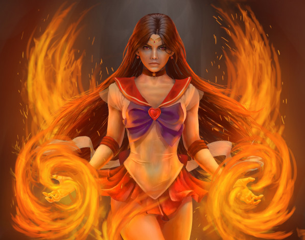 Обои картинки фото аниме, sailor moon, sailor, mars, art, огонь, девушка, moon, платье