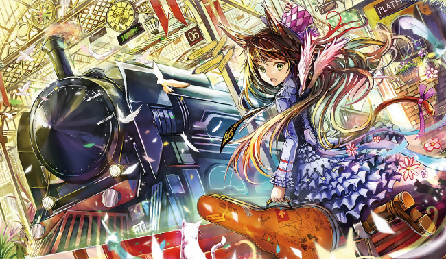 Обои картинки фото аниме, животные,  существа, девушка, паровоз