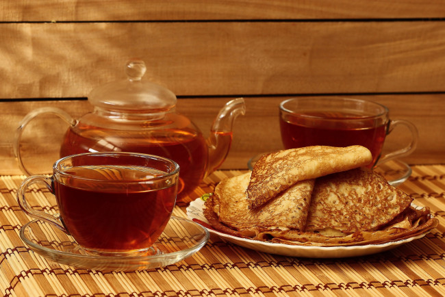 Обои картинки фото еда, блины,  оладьи, композициия, масленица, натюрморт, чаепитие, чай