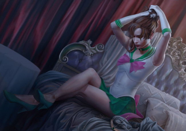Обои картинки фото аниме, sailor moon, sailor, jupiter, ноги, девушка, постель, moon, арт, платье