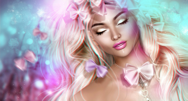 Обои картинки фото 3д графика, портрет , portraits, бантики, девушка, лицо, волосы