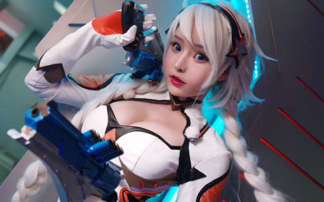 Обои картинки фото девушки, liu you qi, костюм, оружие, косы