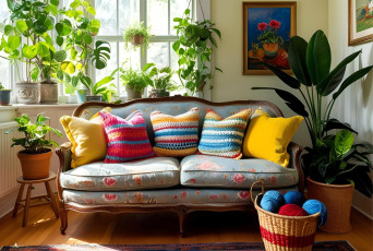 обоя 3д графика, реализм , realism, диван, подушки, растения