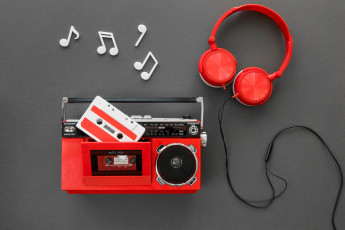 обоя музычка, музыка, -другое, красный, ноты, фон, наушники, провод, кассета, магнитофон