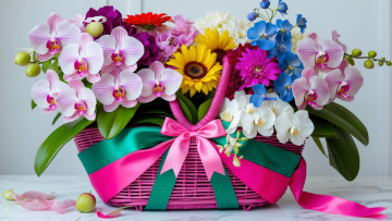 Картинка 3д+графика цветы+ flowers корзинка букет орхидеи подсолнухи ленты