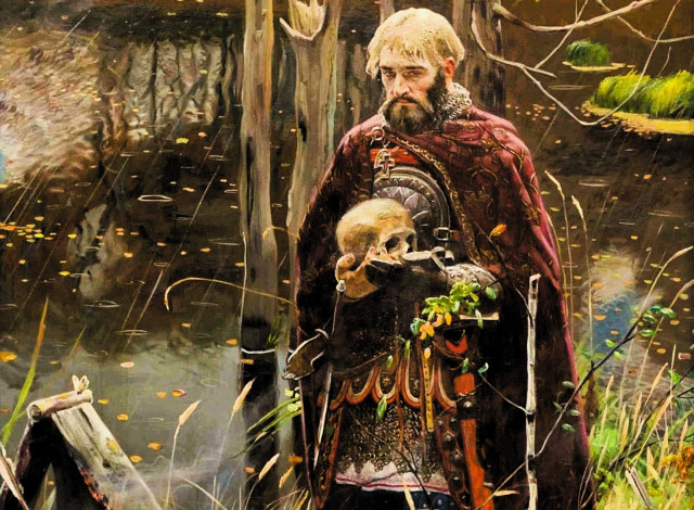 Обои картинки фото рисованное, павел рыженко, князь, череп, река, дождь