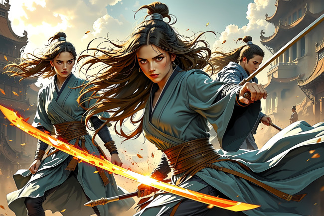 Обои картинки фото фэнтези, девушки, наряды, азия, оружие, город, здания