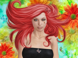 Картинка 3д графика people люди бабочка волосы цветы