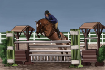 Картинка рисованные животные лошади прыжок препятствия всадник
