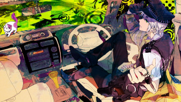 Картинка аниме weapon blood technology машина форма ключи полицейский парень руль пистолет наручники рация кот фуражка