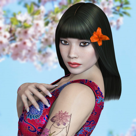 Обои картинки фото 3д, графика, people, люди, цветок, взгляд, тату