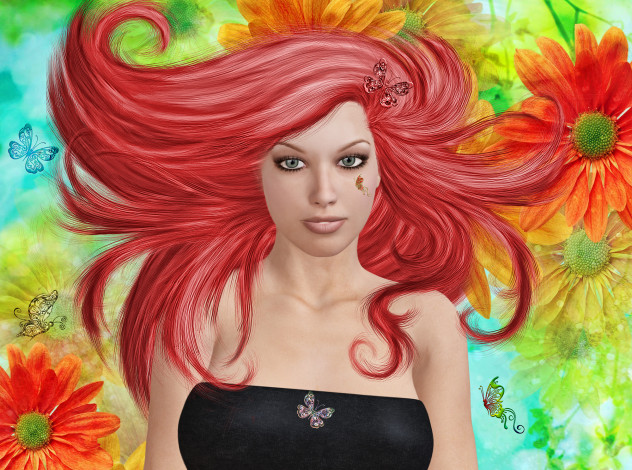 Обои картинки фото 3д, графика, people, люди, бабочка, волосы, цветы