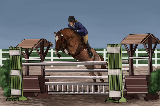 Обои картинки фото рисованные, животные, лошади, прыжок, препятствия, всадник