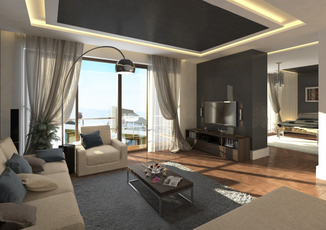 Обои картинки фото 3д, графика, realism, реализм, кресло, гостинная, стол, диван, комната, подушки, шторы