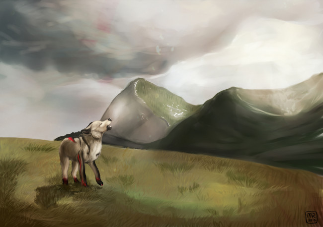 Обои картинки фото рисованные, животные, сказочные, мифические, волк, горы