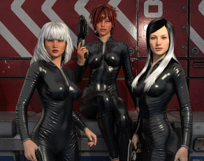 обоя 3д графика, люди , people, девушки, латекс, оружие, фон, взгляд