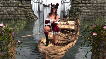 Картинка 3д+графика люди+ people лодка пират фон взгляд девушка