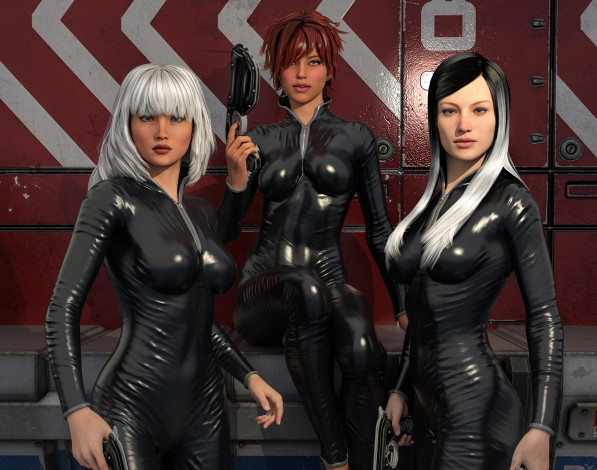 Обои картинки фото 3д графика, люди , people, девушки, латекс, оружие, фон, взгляд