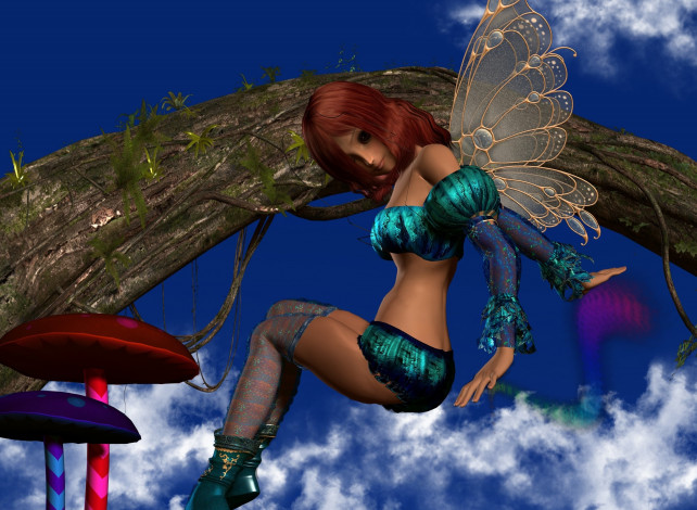 Обои картинки фото 3д графика, эльфы , elves, взгляд, грибы, фон, фея